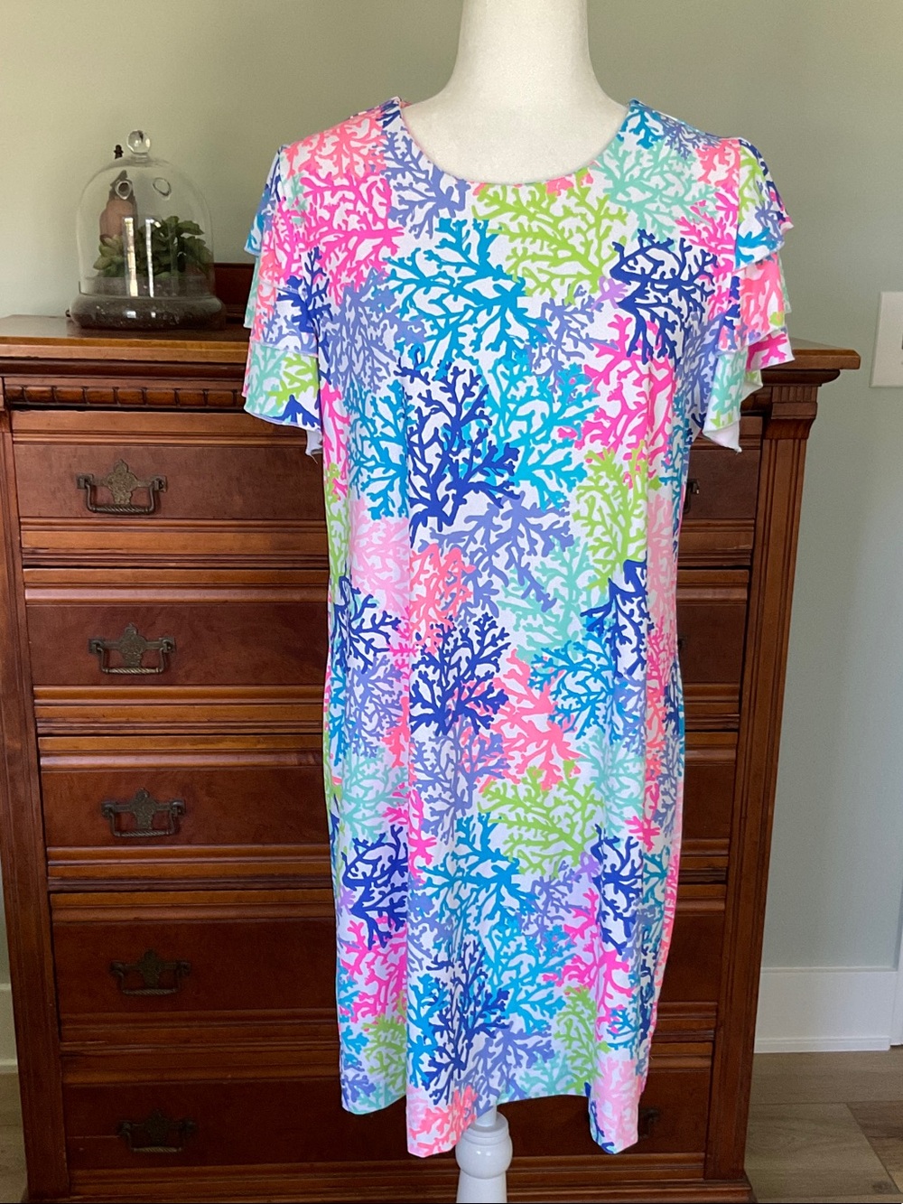 Lulu-B Cha-Cha Sleeve Coral Print UPF 50+ Dress Size L Vibrant Preppy Coastal